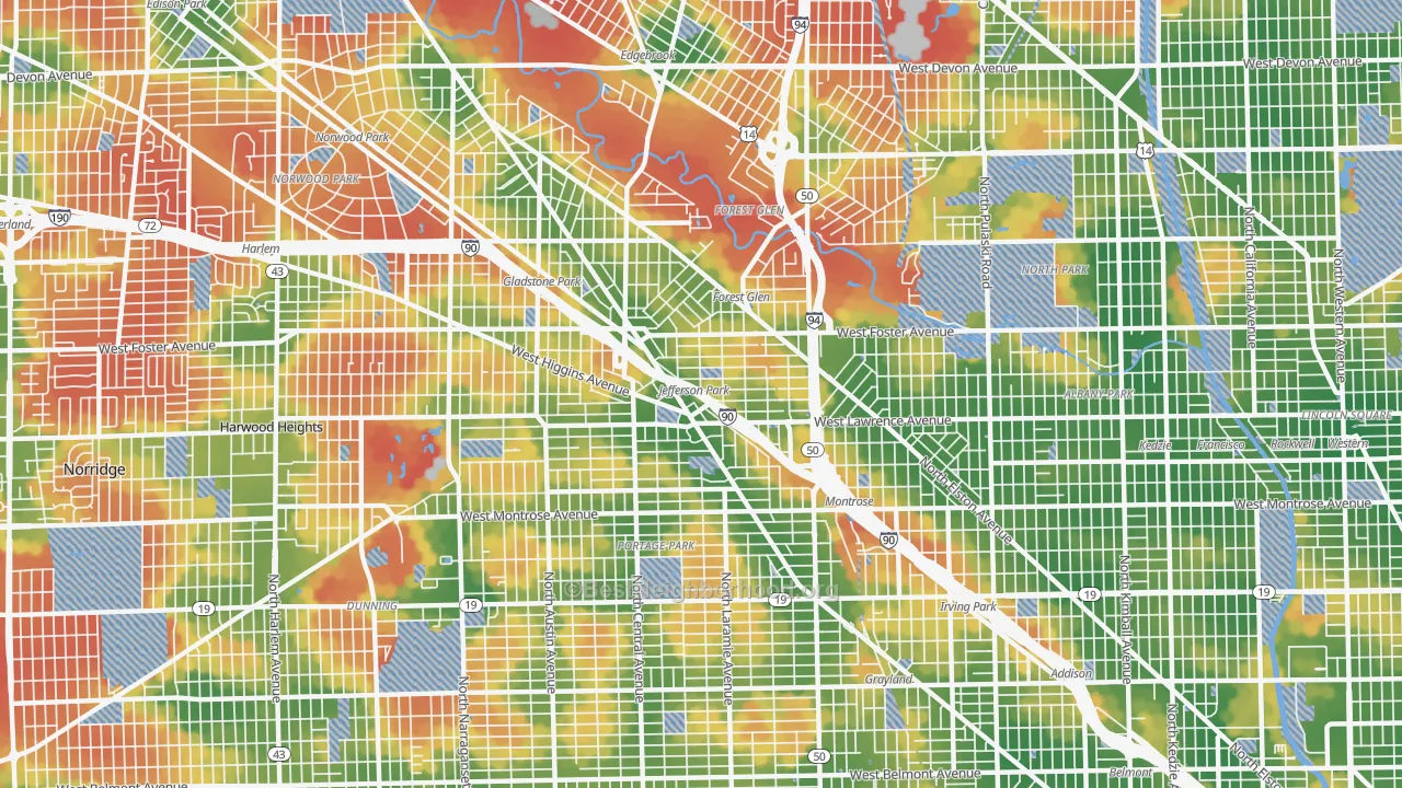 Walk Grade map of 60630, IL, walkable areas in green and car-dependent areas in red