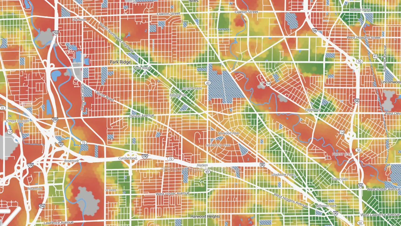 Walk Grade map of 60631, IL, walkable areas in green and car-dependent areas in red