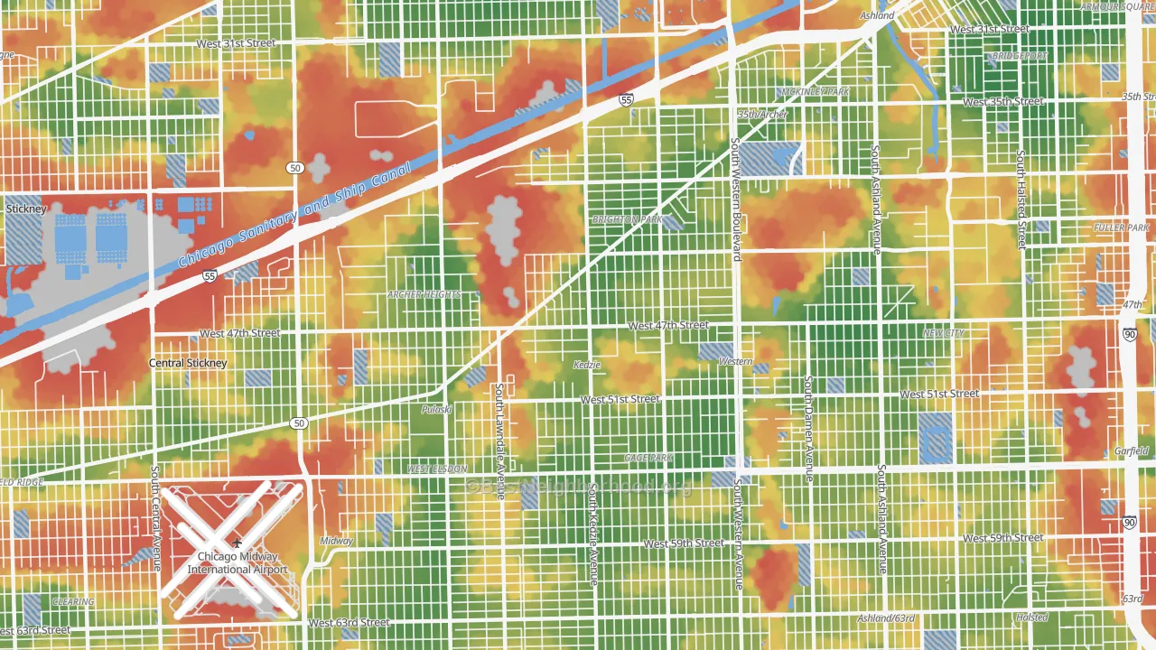 Walk Grade map of 60632, IL, walkable areas in green and car-dependent areas in red