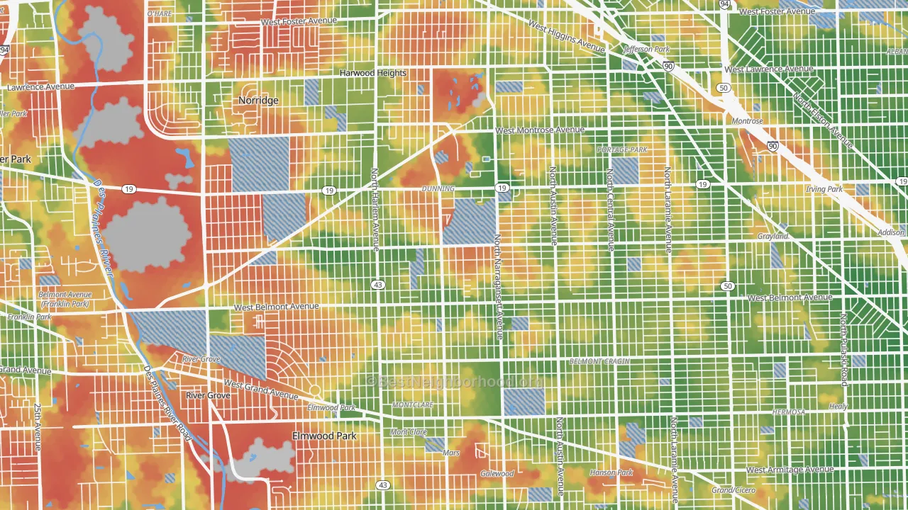 Walk Grade map of 60634, IL, walkable areas in green and car-dependent areas in red