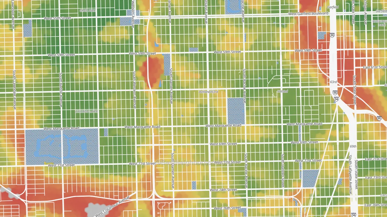 Walk Grade map of 60636, IL, walkable areas in green and car-dependent areas in red