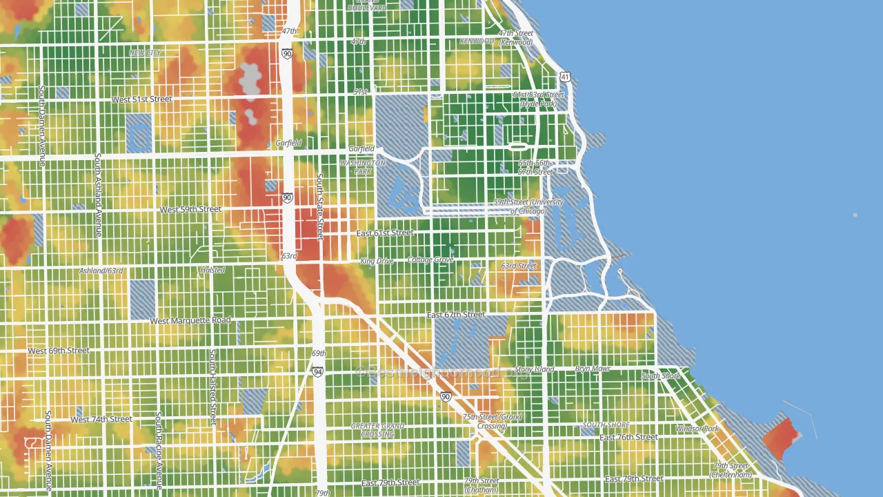 Walk Grade map of 60637, IL, walkable areas in green and car-dependent areas in red