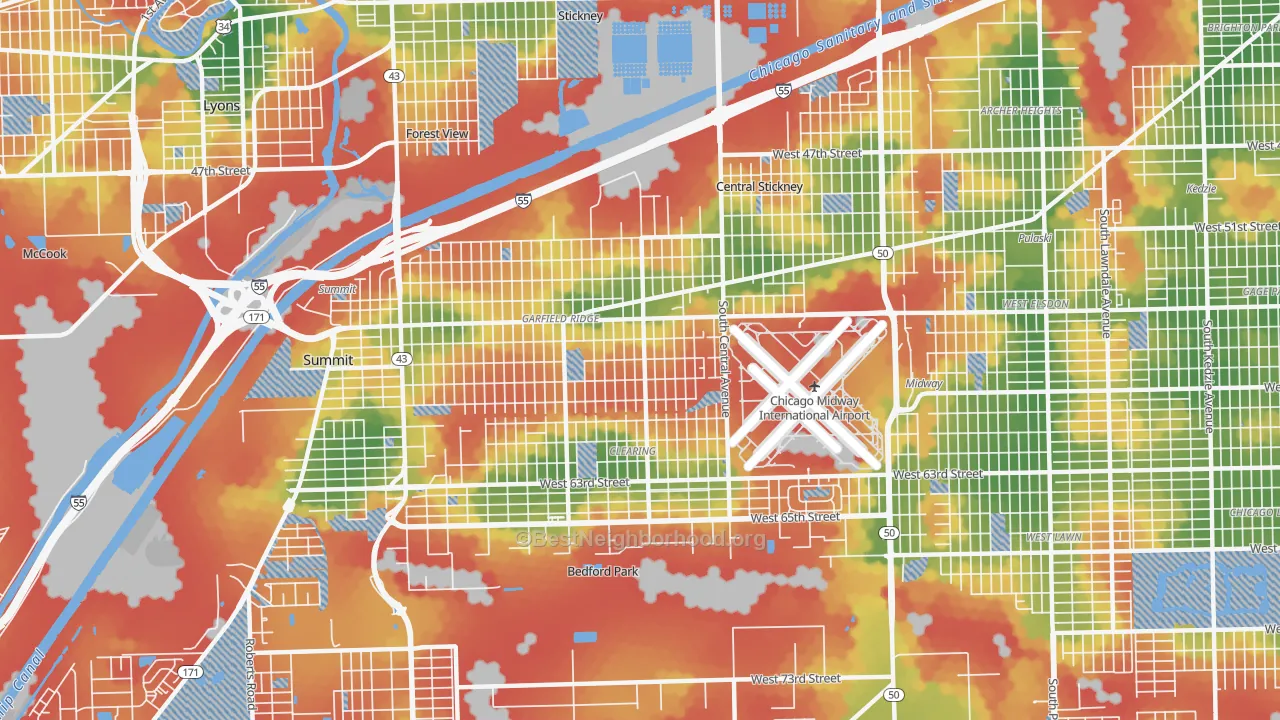 Walk Grade map of 60638, IL, walkable areas in green and car-dependent areas in red