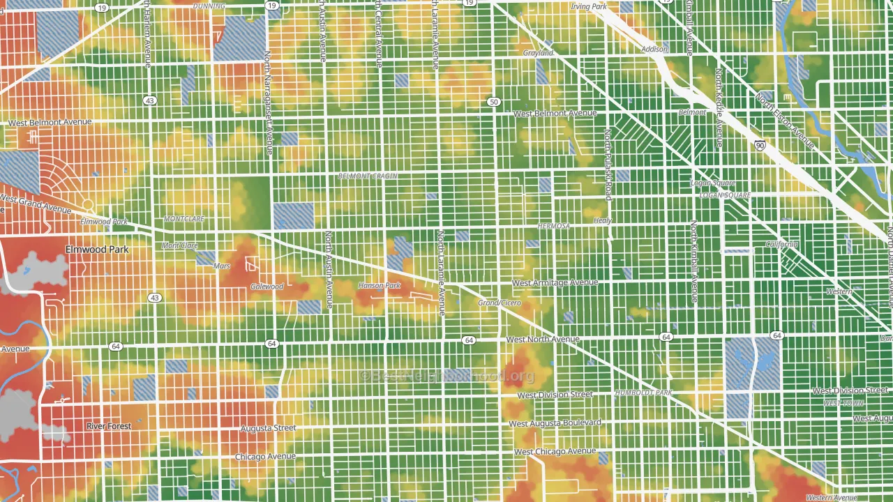 Walk Grade map of 60639, IL, walkable areas in green and car-dependent areas in red