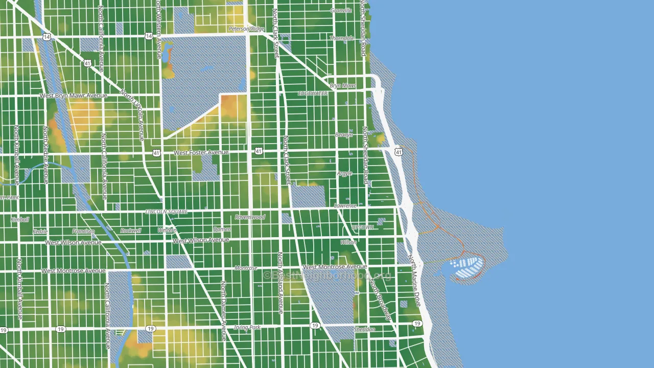 Walk Grade map of 60640, IL, walkable areas in green and car-dependent areas in red