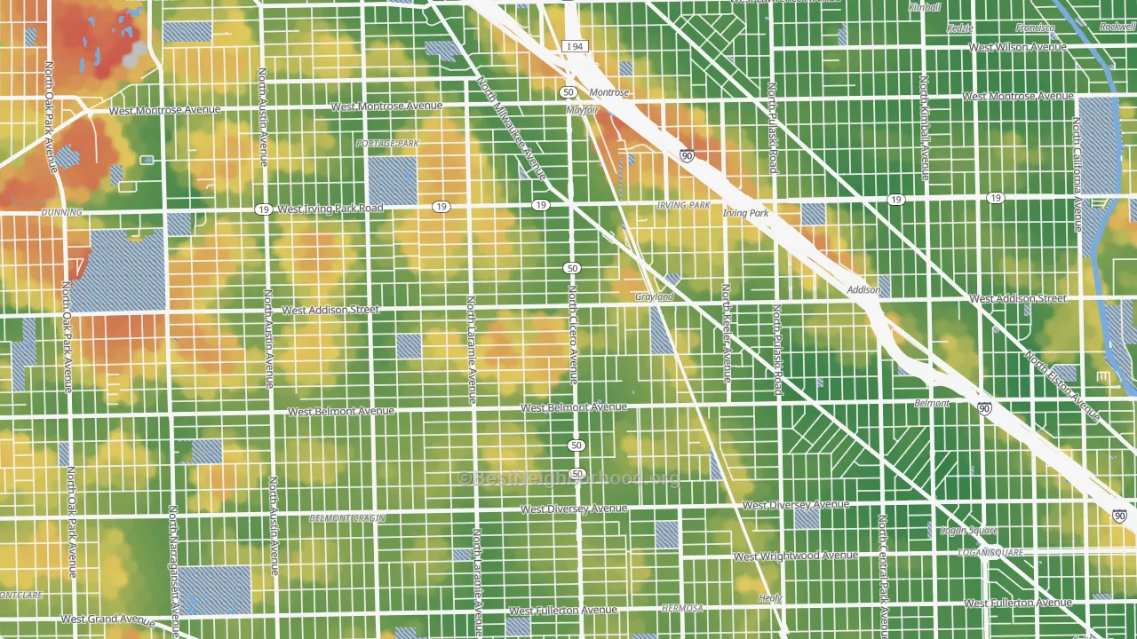 Walk Grade map of 60641, IL, walkable areas in green and car-dependent areas in red