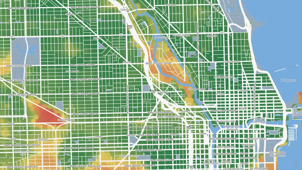 Walk Grade map of 60642, IL, walkable areas in green and car-dependent areas in red