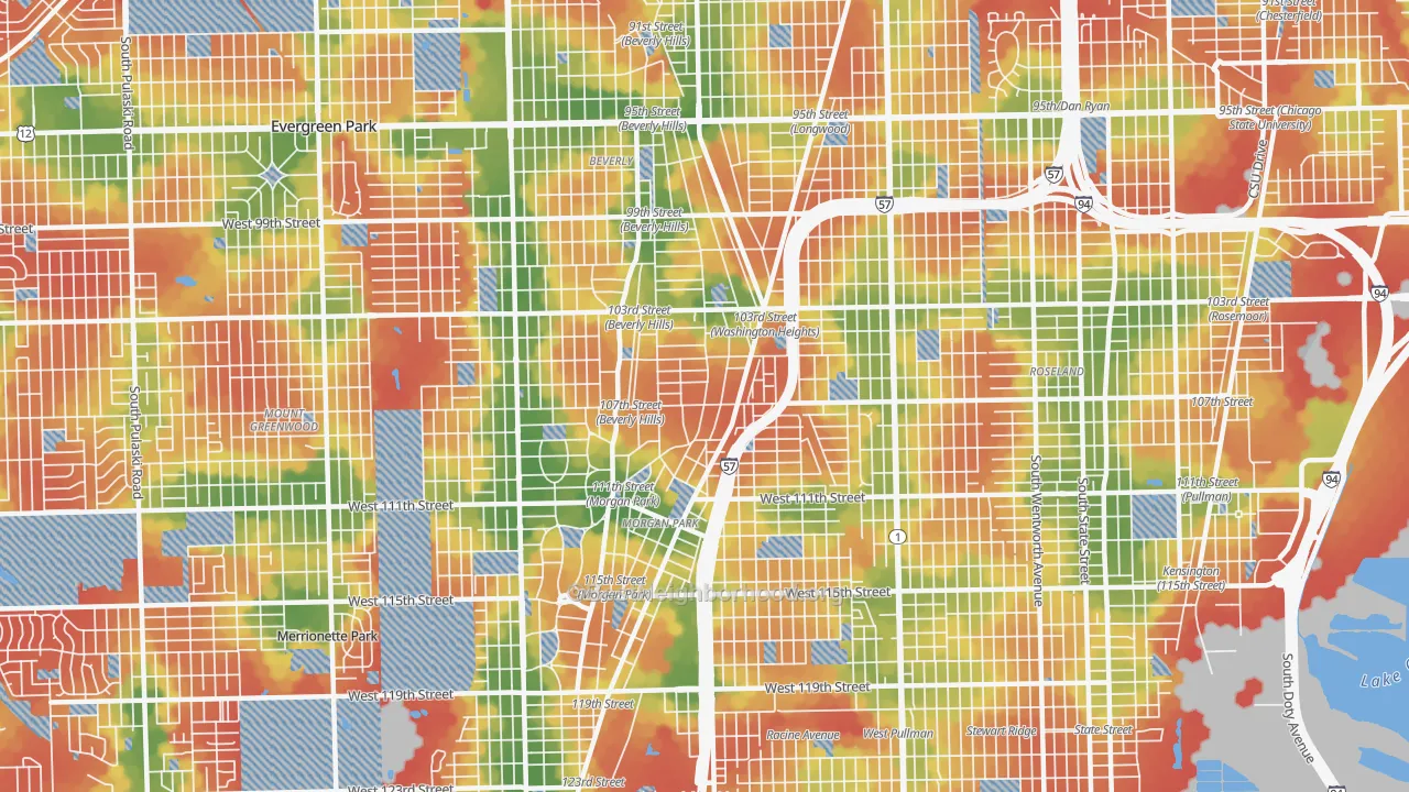 Walk Grade map of 60643, IL, walkable areas in green and car-dependent areas in red