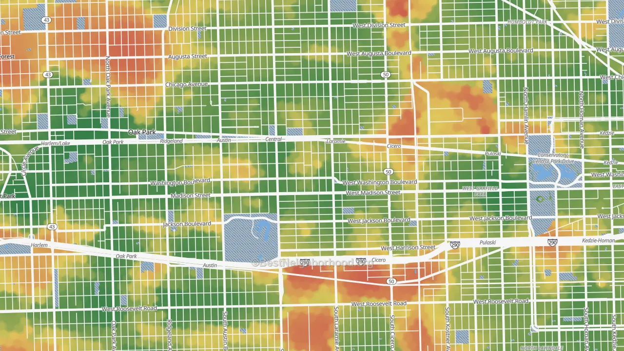 Walk Grade map of 60644, IL, walkable areas in green and car-dependent areas in red