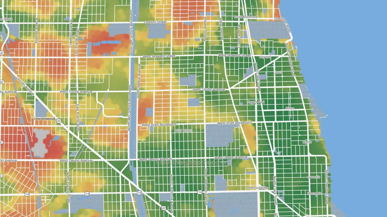 Walk Grade map of 60645, IL, walkable areas in green and car-dependent areas in red