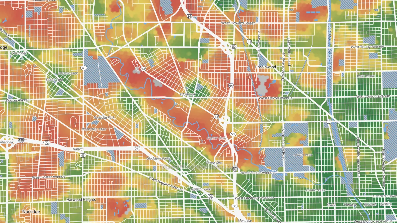 Walk Grade map of 60646, IL, walkable areas in green and car-dependent areas in red