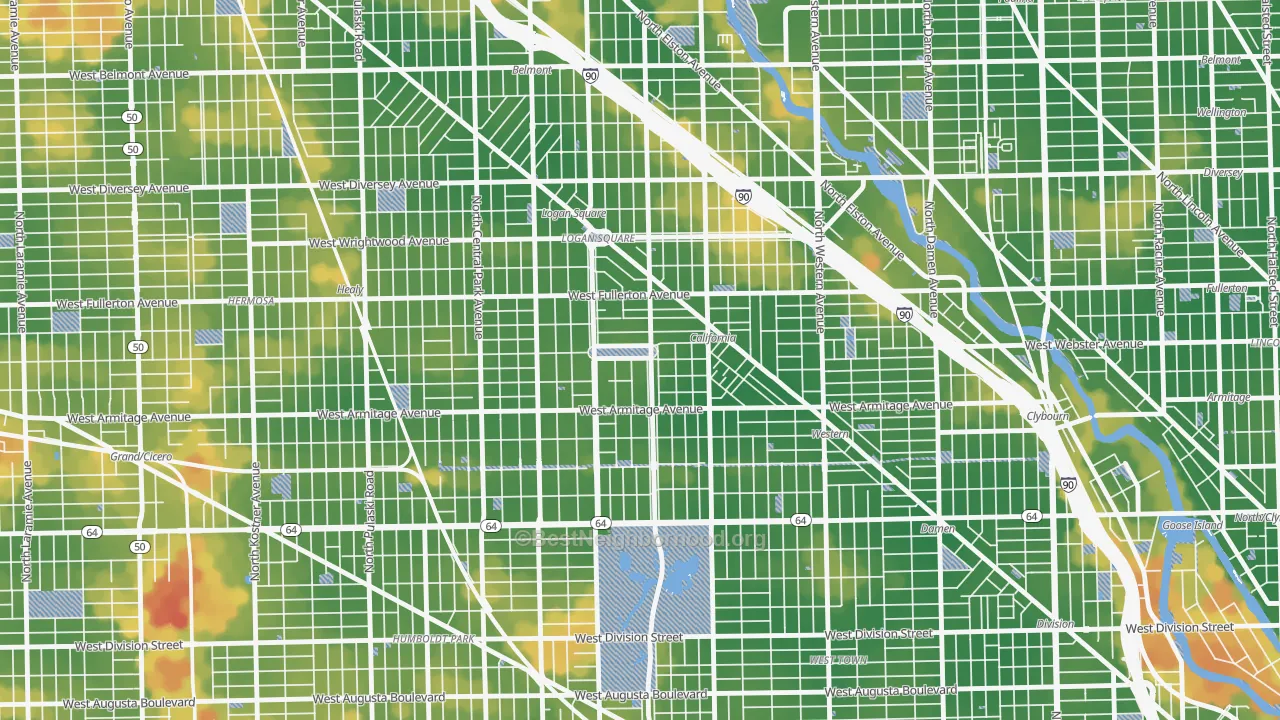 Walk Grade map of 60647, IL, walkable areas in green and car-dependent areas in red