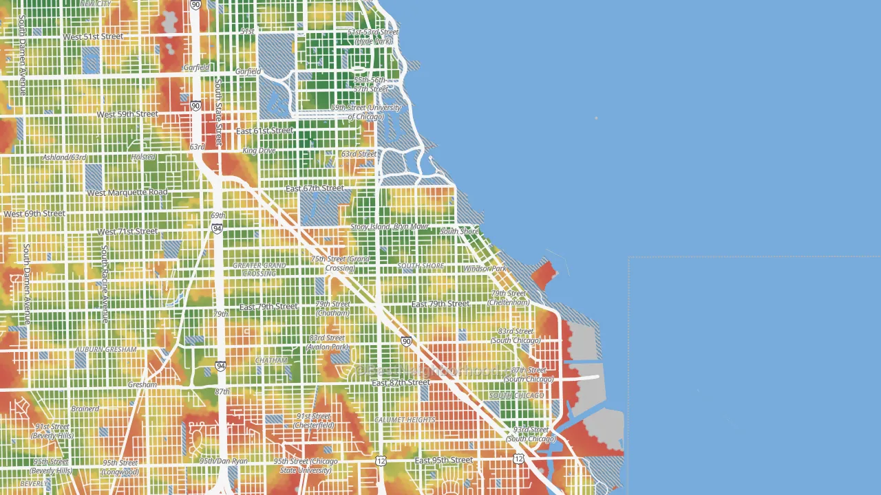 Walk Grade map of 60649, IL, walkable areas in green and car-dependent areas in red