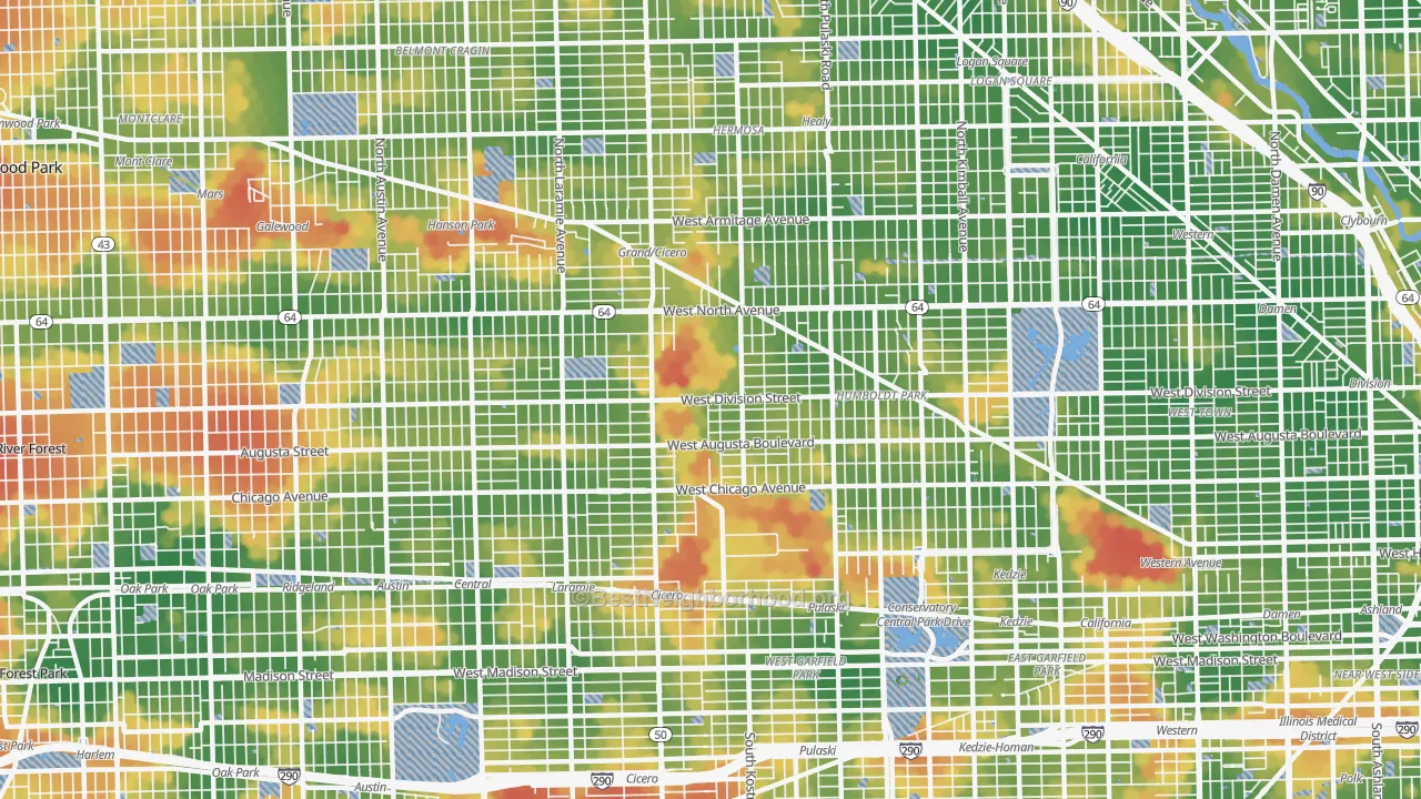 Walk Grade map of 60651, IL, walkable areas in green and car-dependent areas in red