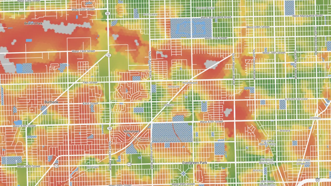 Walk Grade map of 60652, IL, walkable areas in green and car-dependent areas in red
