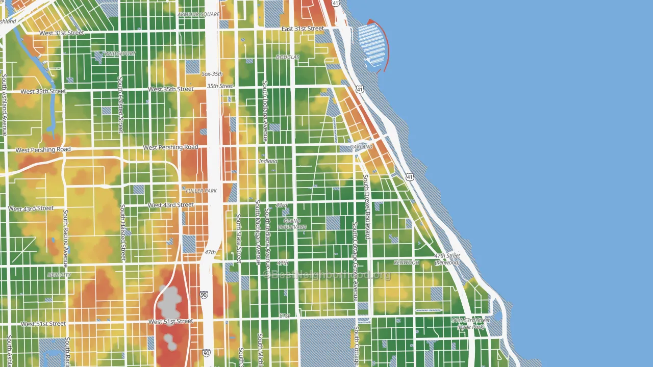 Walk Grade map of 60653, IL, walkable areas in green and car-dependent areas in red