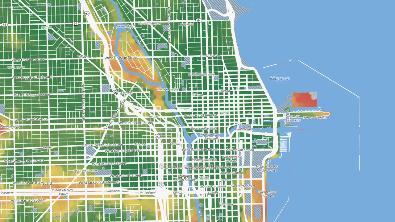 Walk Grade map of 60654, IL, walkable areas in green and car-dependent areas in red