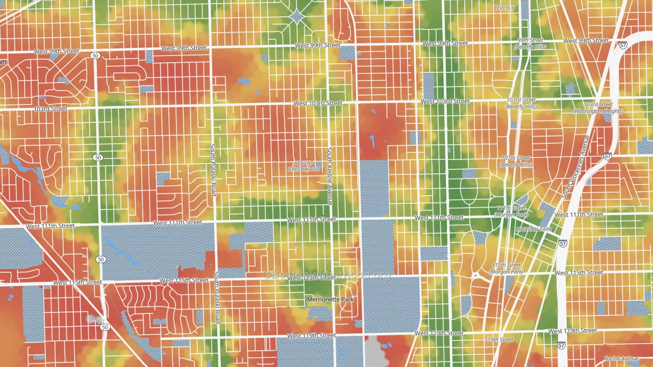 Walk Grade map of 60655, IL, walkable areas in green and car-dependent areas in red