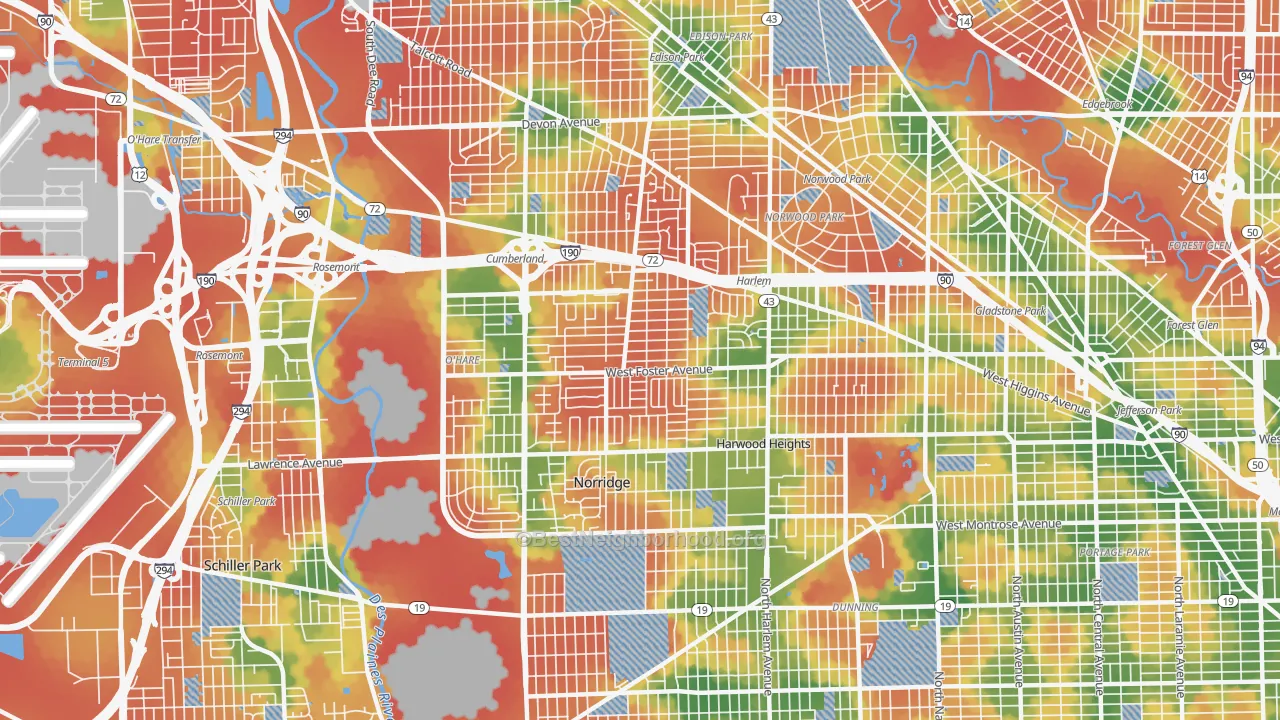 Walk Grade map of 60656, IL, walkable areas in green and car-dependent areas in red