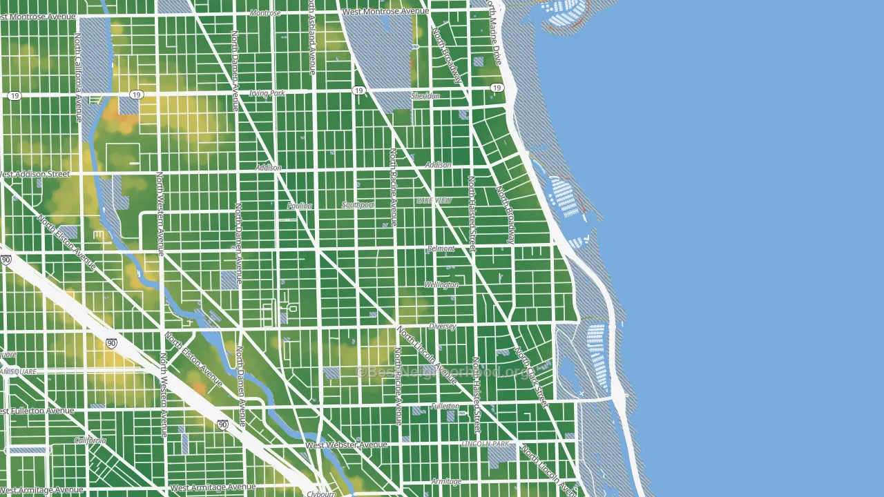 Walk Grade map of 60657, IL, walkable areas in green and car-dependent areas in red