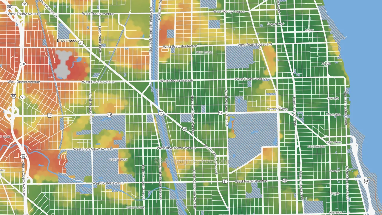 Walk Grade map of 60659, IL, walkable areas in green and car-dependent areas in red