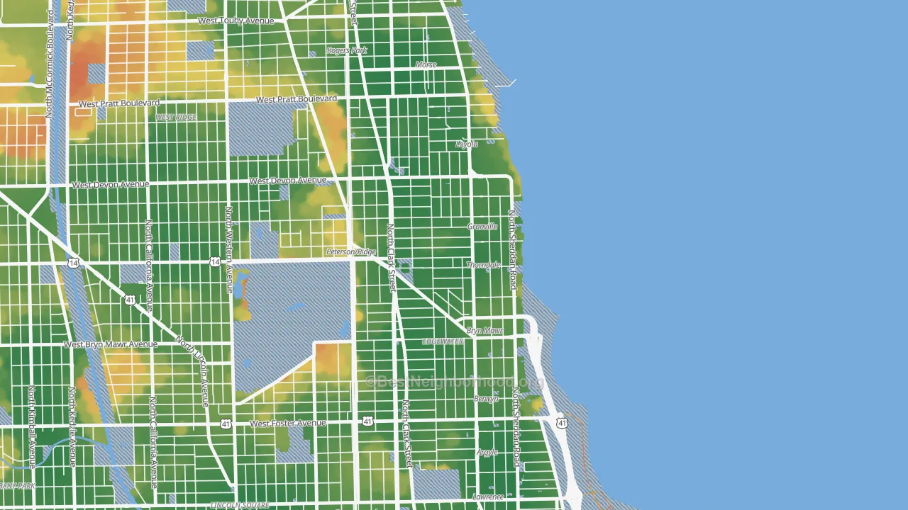 Walk Grade map of 60660, IL, walkable areas in green and car-dependent areas in red