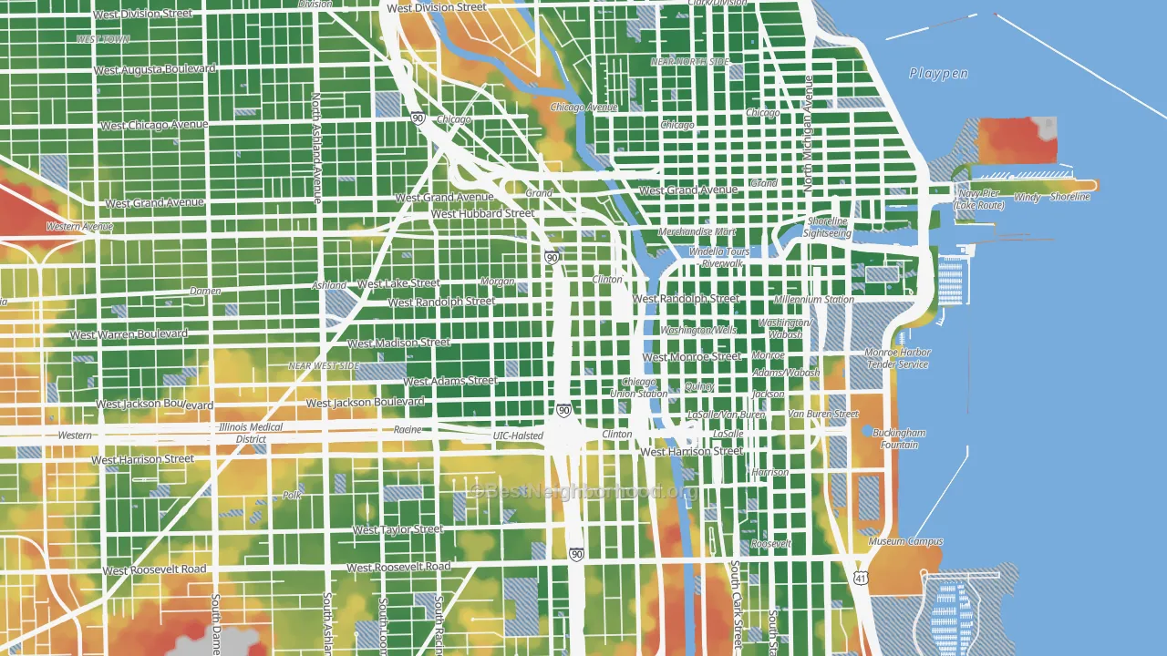 Walk Grade map of 60661, IL, walkable areas in green and car-dependent areas in red