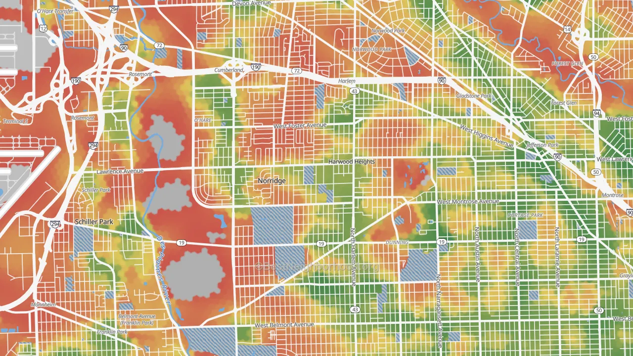Walk Grade map of 60706, IL, walkable areas in green and car-dependent areas in red