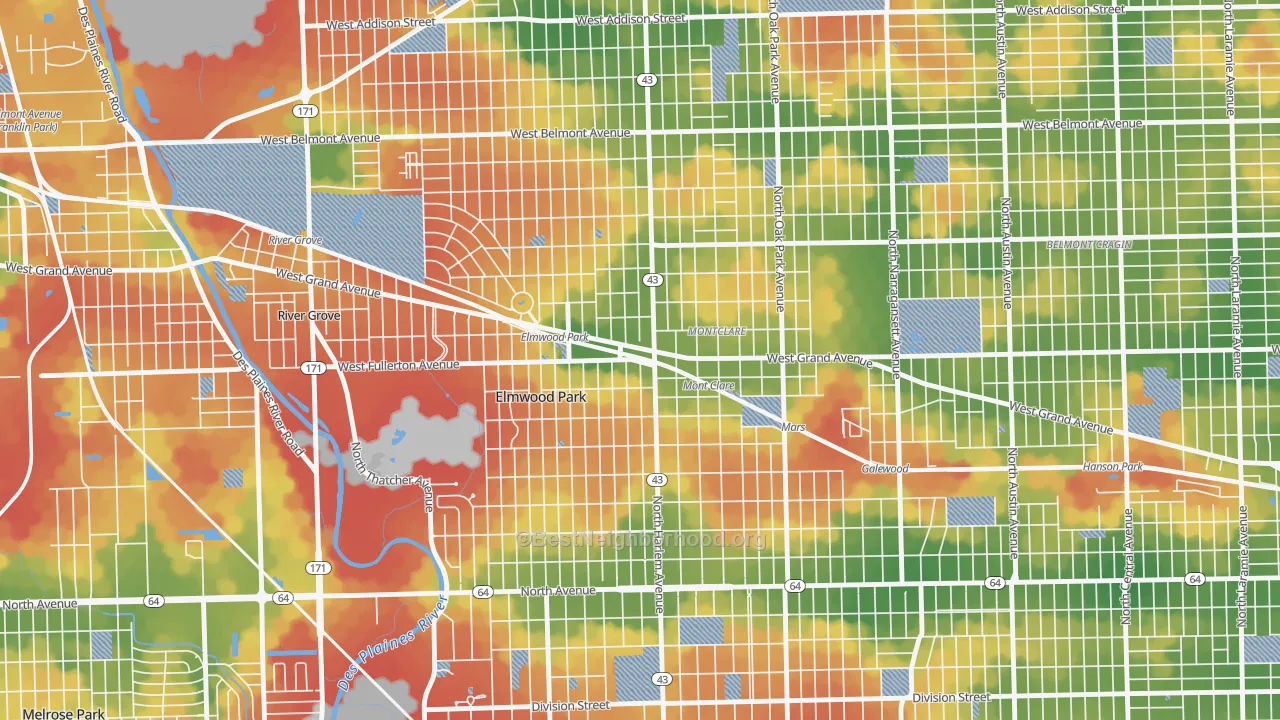 Walk Grade map of 60707, IL, walkable areas in green and car-dependent areas in red
