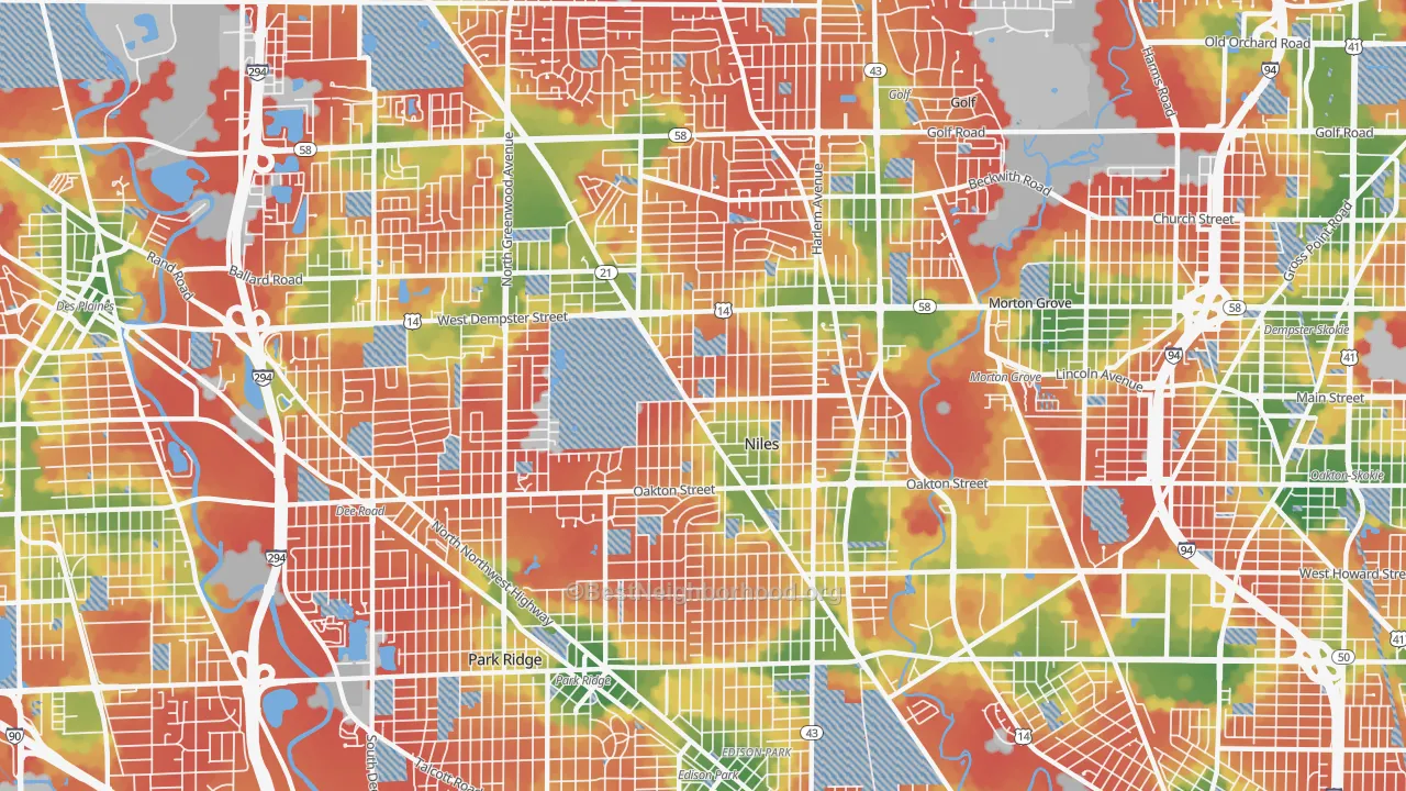 Walk Grade map of 60714, IL, walkable areas in green and car-dependent areas in red