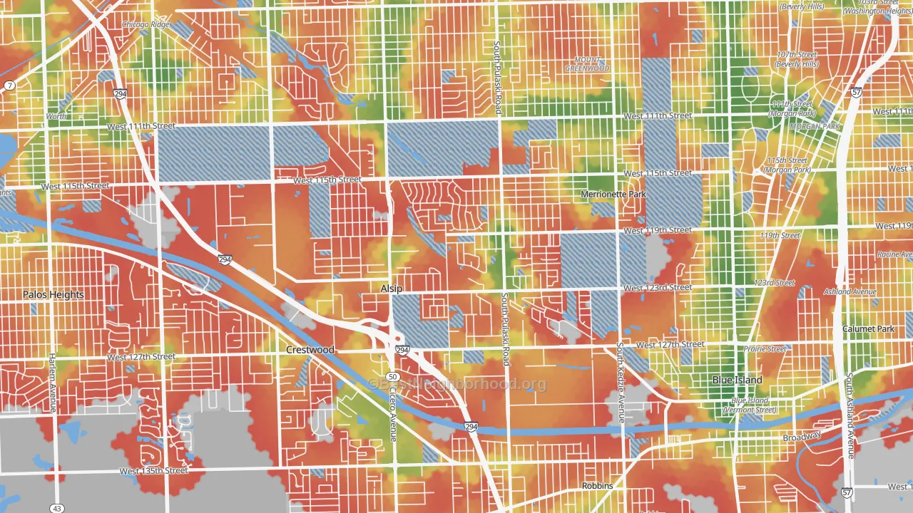 Walk Grade map of 60803, IL, walkable areas in green and car-dependent areas in red