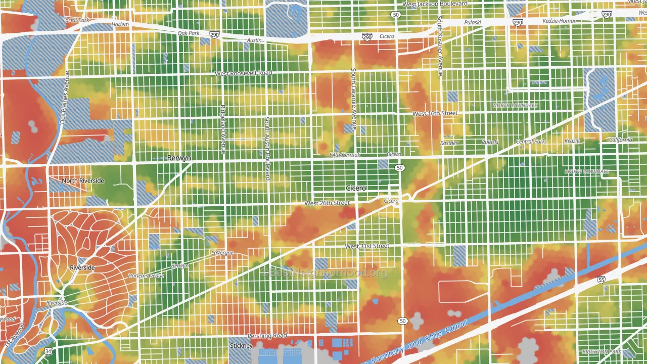 Walk Grade map of 60804, IL, walkable areas in green and car-dependent areas in red