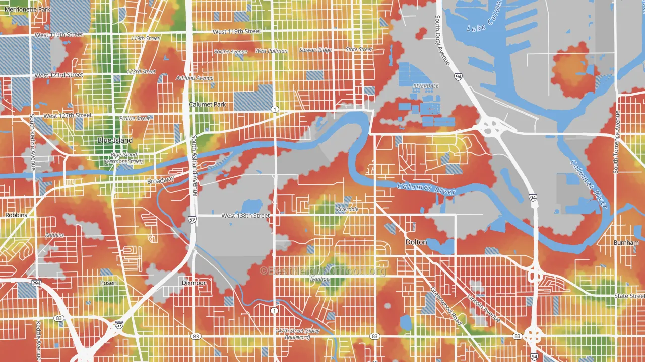 Walk Grade map of 60827, IL, walkable areas in green and car-dependent areas in red