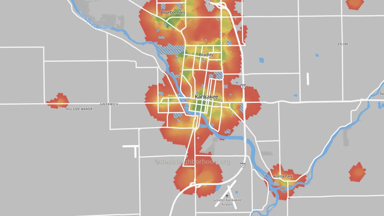 Walk Grade map of 60901, IL, walkable areas in green and car-dependent areas in red