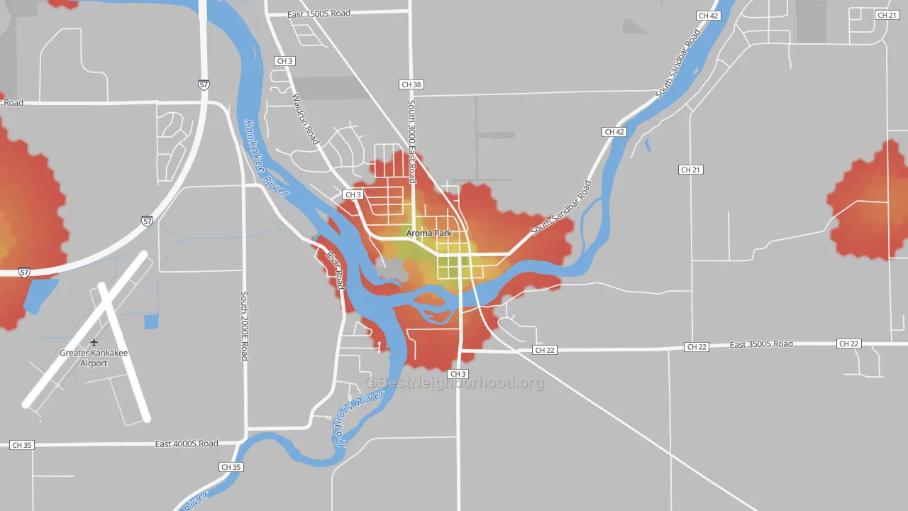 Walk Grade map of 60910, IL, walkable areas in green and car-dependent areas in red