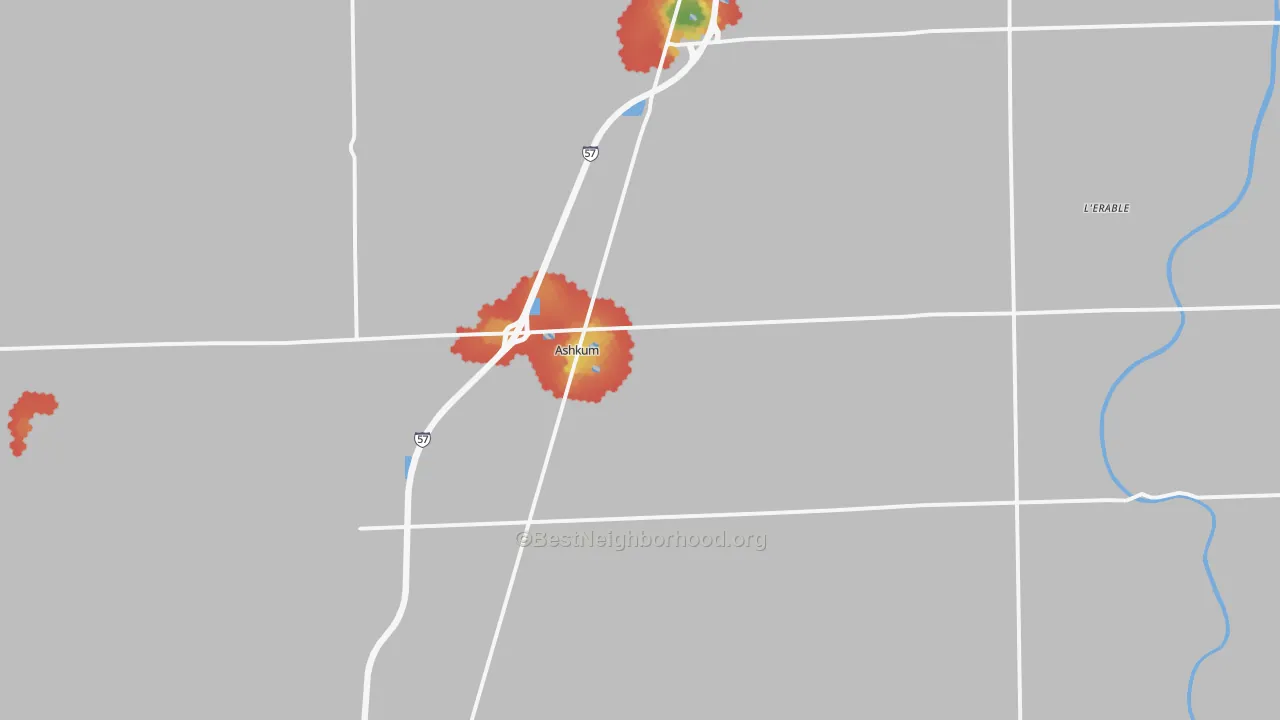 Walk Grade map of 60911, IL, walkable areas in green and car-dependent areas in red