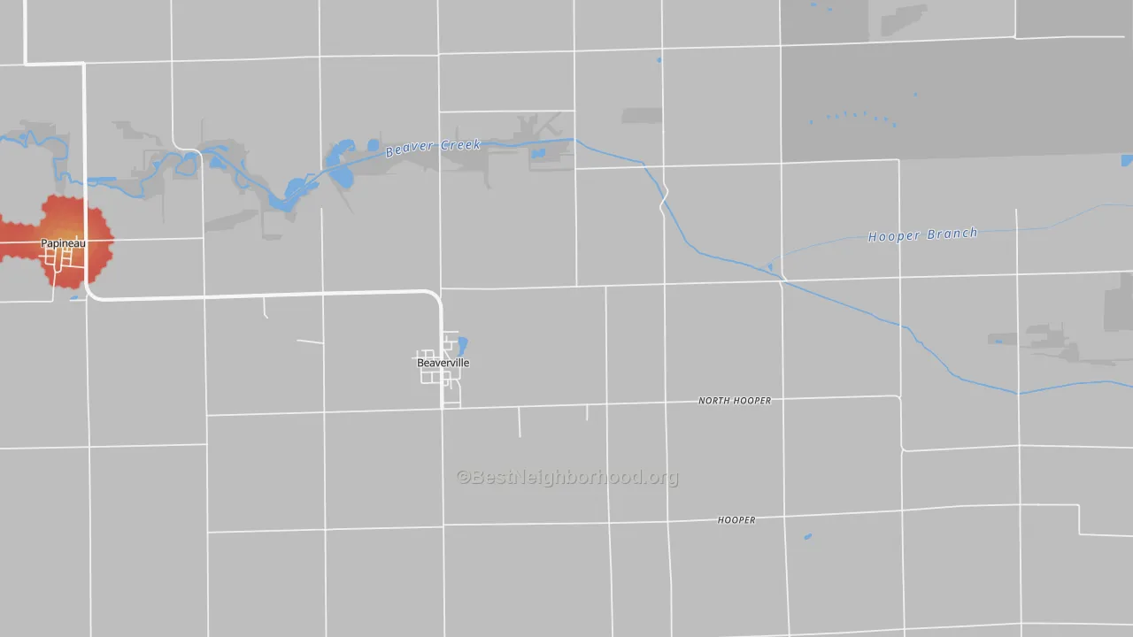 Walk Grade map of 60912, IL, walkable areas in green and car-dependent areas in red