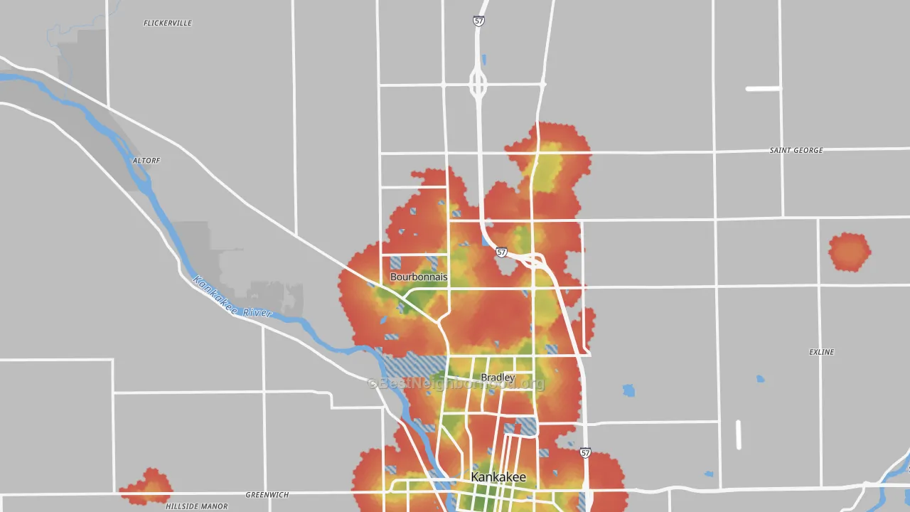 Walk Grade map of 60914, IL, walkable areas in green and car-dependent areas in red