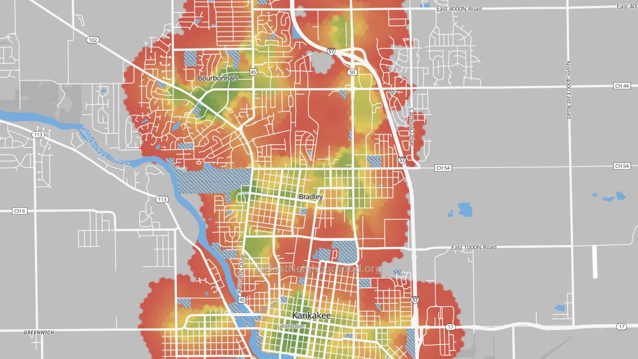 Walk Grade map of 60915, IL, walkable areas in green and car-dependent areas in red