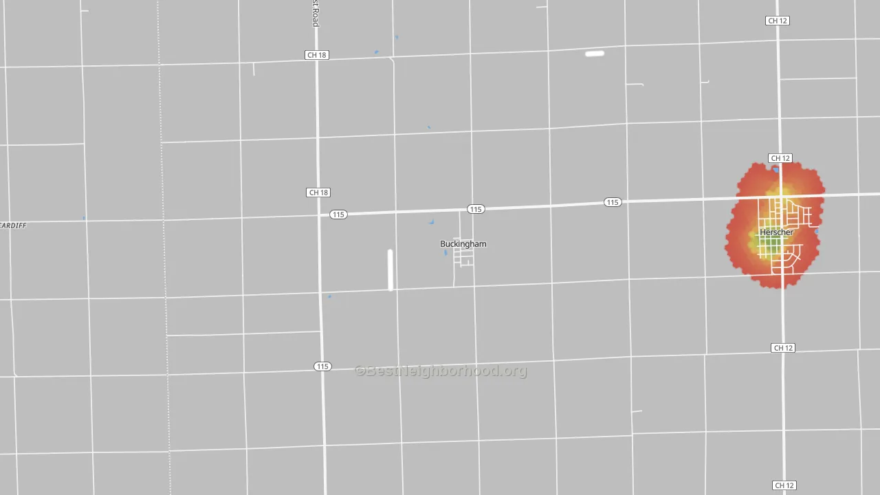 Walk Grade map of 60917, IL, walkable areas in green and car-dependent areas in red