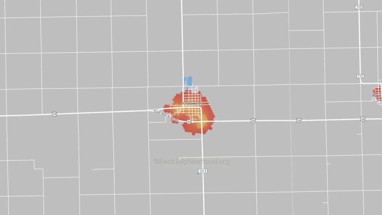 Walk Grade map of 60921, IL, walkable areas in green and car-dependent areas in red