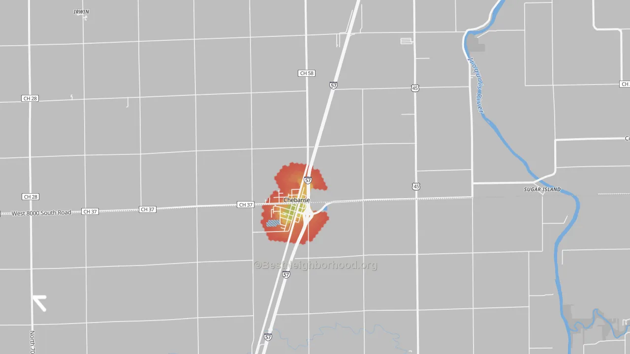 Walk Grade map of 60922, IL, walkable areas in green and car-dependent areas in red