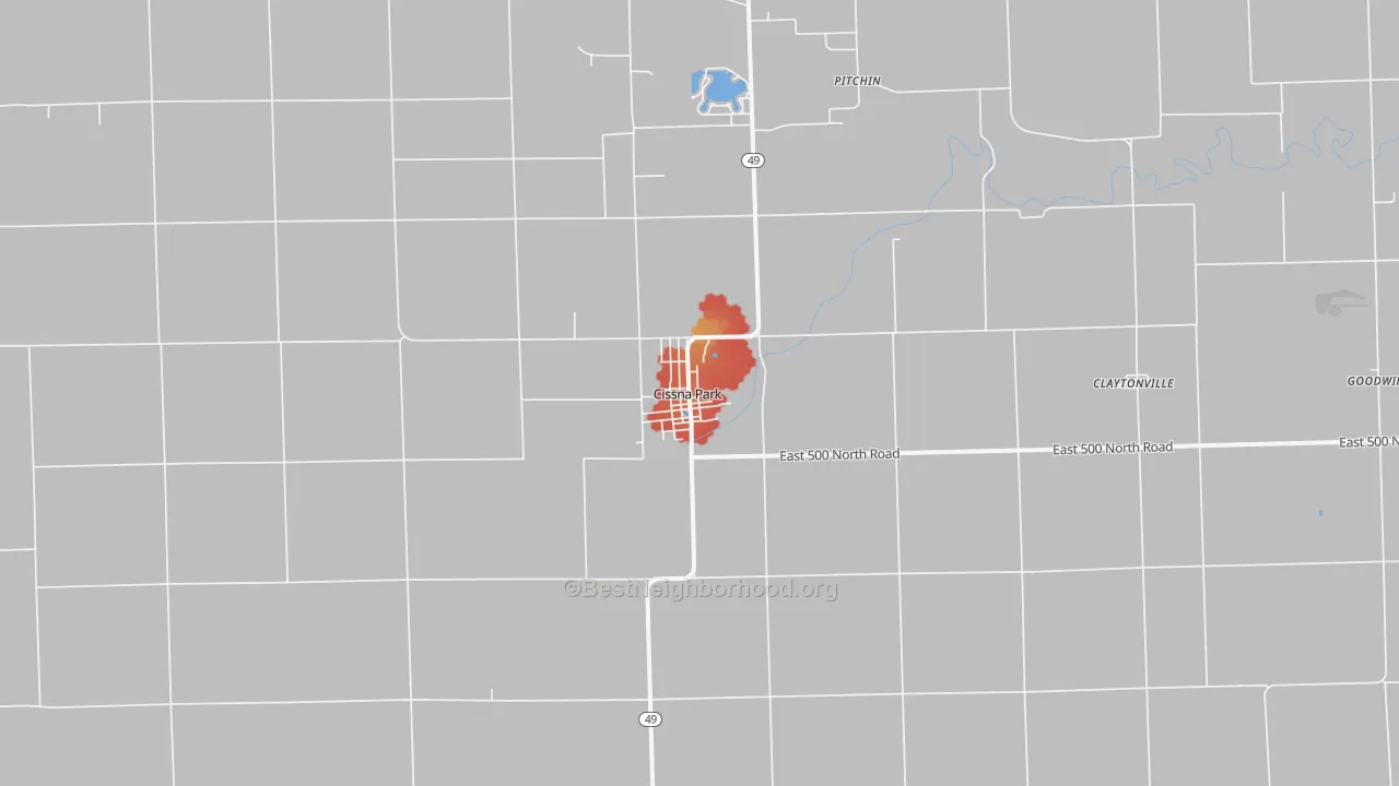Walk Grade map of 60924, IL, walkable areas in green and car-dependent areas in red