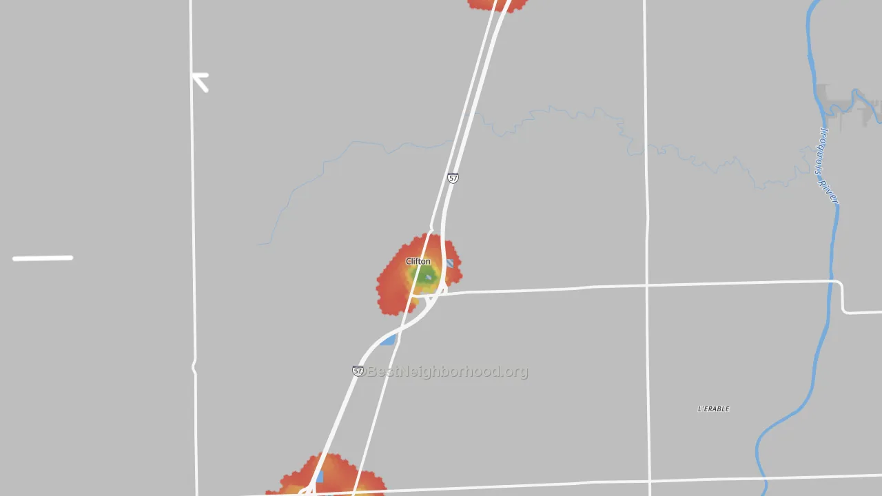 Walk Grade map of 60927, IL, walkable areas in green and car-dependent areas in red