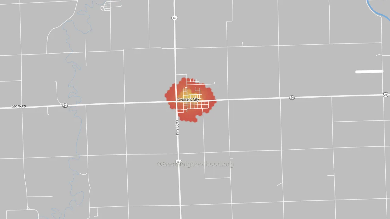 Walk Grade map of 60928, IL, walkable areas in green and car-dependent areas in red