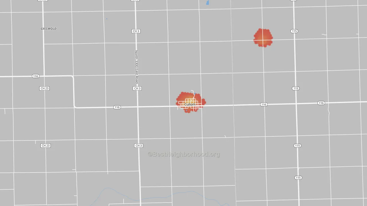 Walk Grade map of 60929, IL, walkable areas in green and car-dependent areas in red