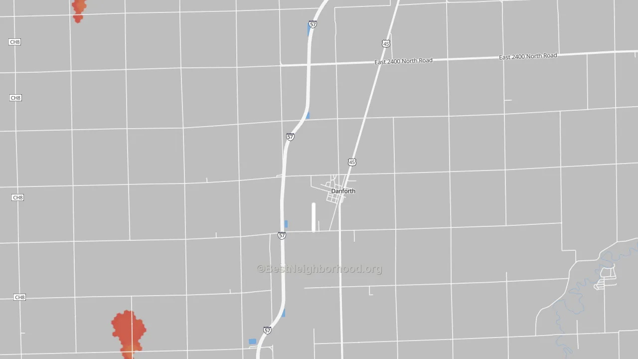 Walk Grade map of 60930, IL, walkable areas in green and car-dependent areas in red