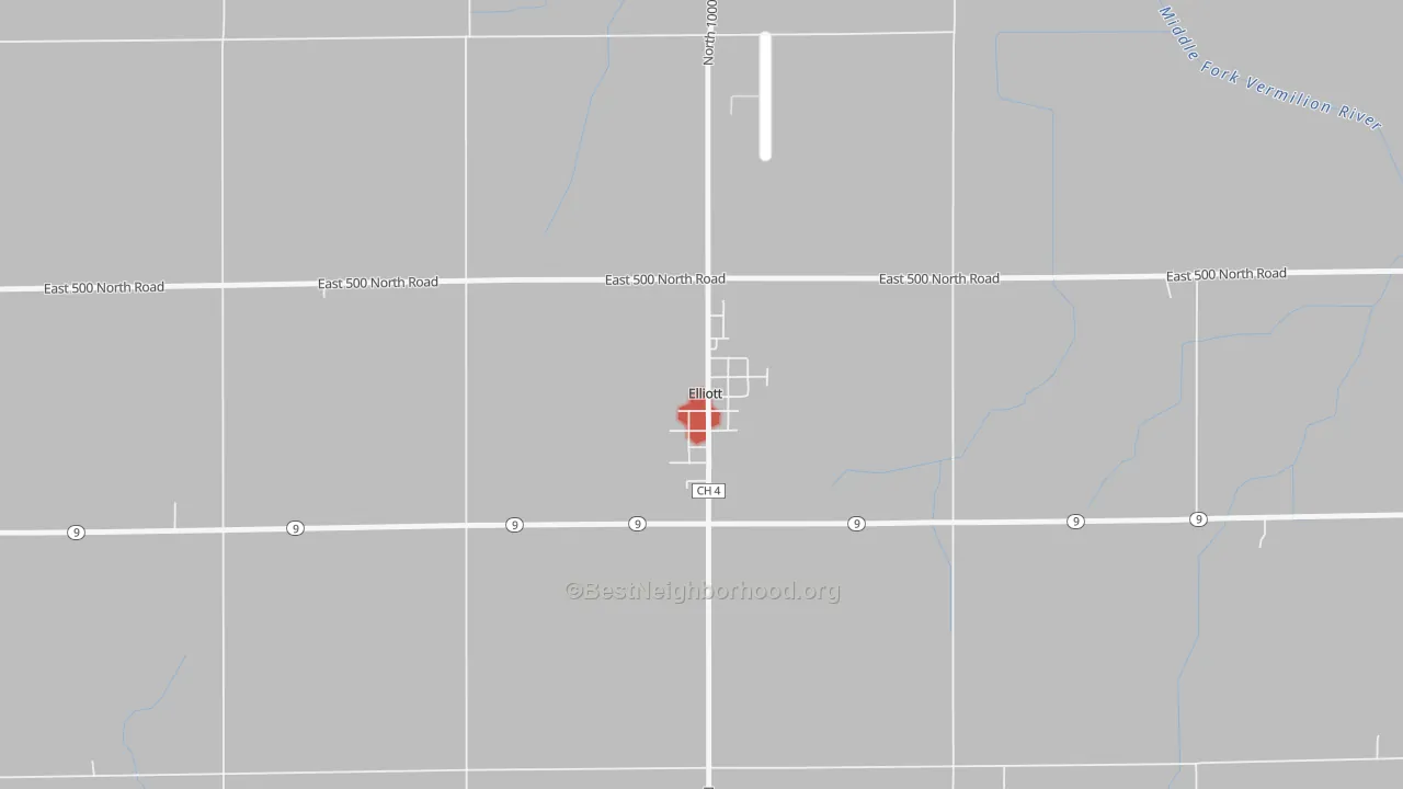 Walk Grade map of 60933, IL, walkable areas in green and car-dependent areas in red