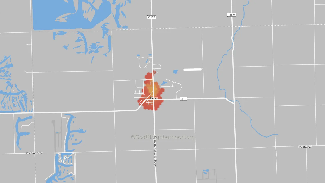Walk Grade map of 60935, IL, walkable areas in green and car-dependent areas in red