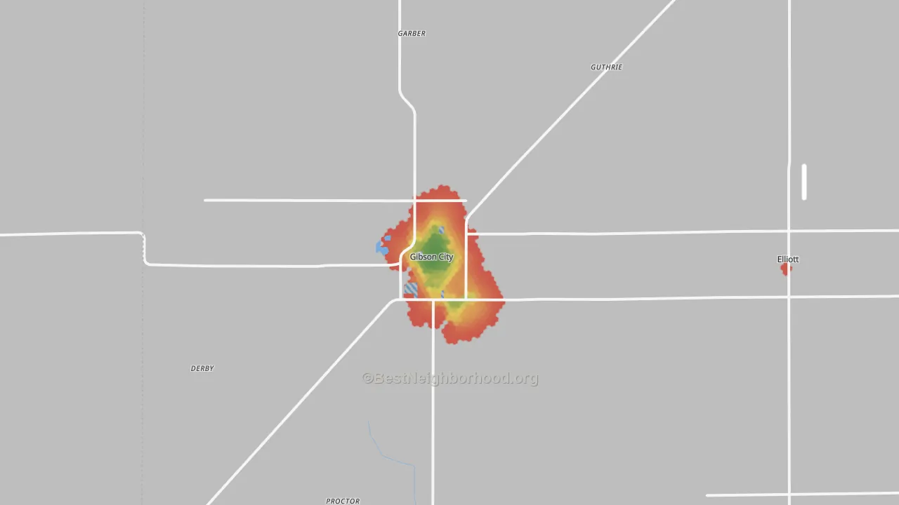 Walk Grade map of 60936, IL, walkable areas in green and car-dependent areas in red